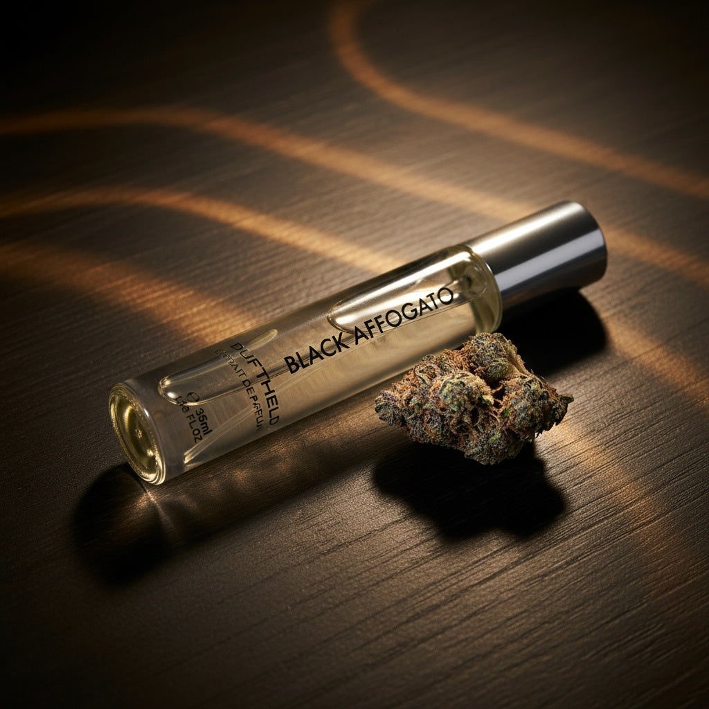 Duftheld Extrait de Parfum ‚Black Affogato‘ 35 ml Flacon mit silbernem Deckel, liegend auf dunkler Holzoberfläche, daneben ein getrocknetes Natur-Element, stimmungsvolle Lichtreflexe.