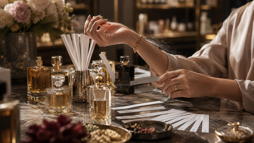 Frau testet mehrere Parfums mit Duftstreifen und auf dem Handgelenk an einem eleganten Parfumtisch – typische Fehler beim Parfumkauf.