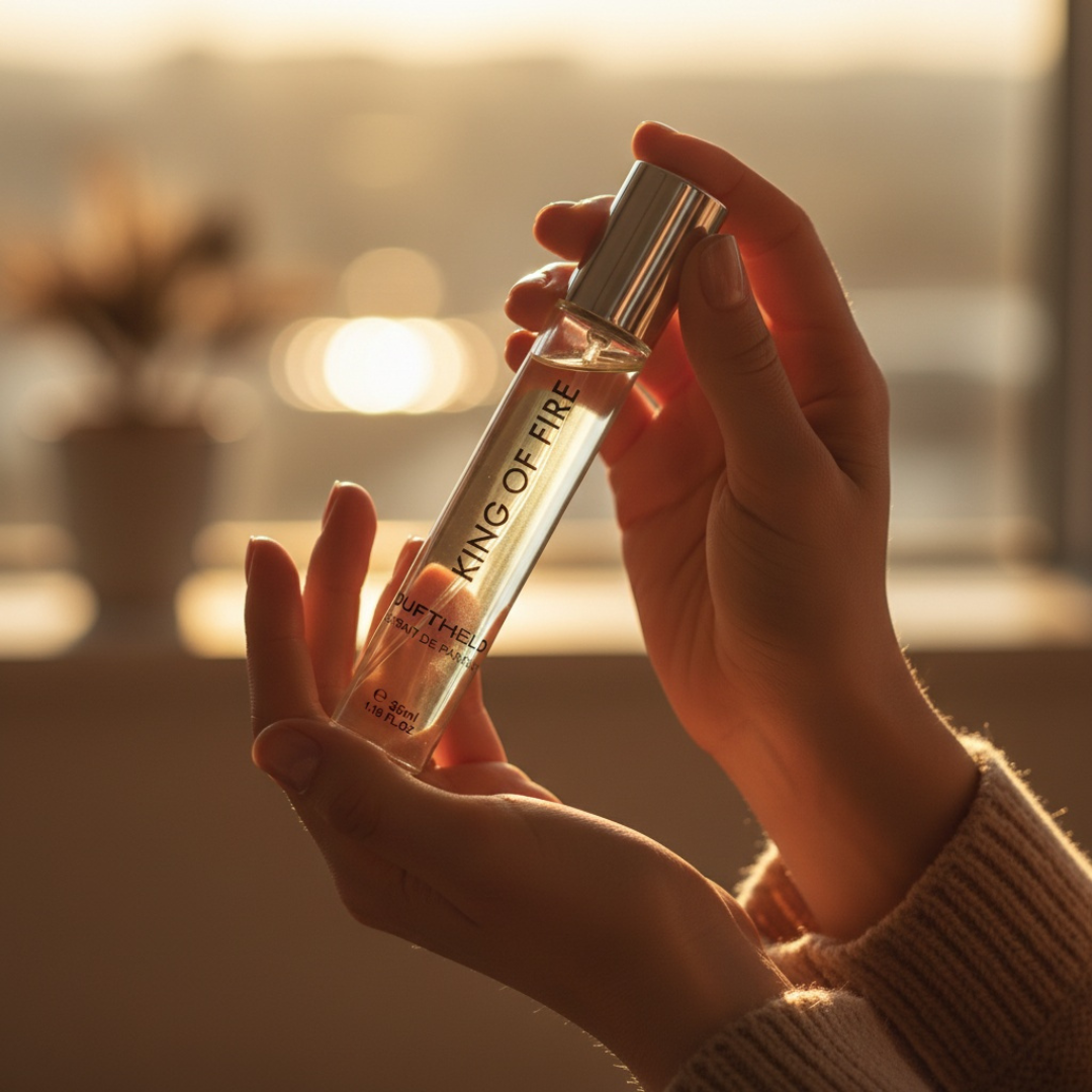 Zwei Hände halten das Duftheld Eau de Parfum ‚King of Fire‘ im 35-ml-Flacon mit silbernem Deckel, warmes Sonnenlicht im Hintergrund.