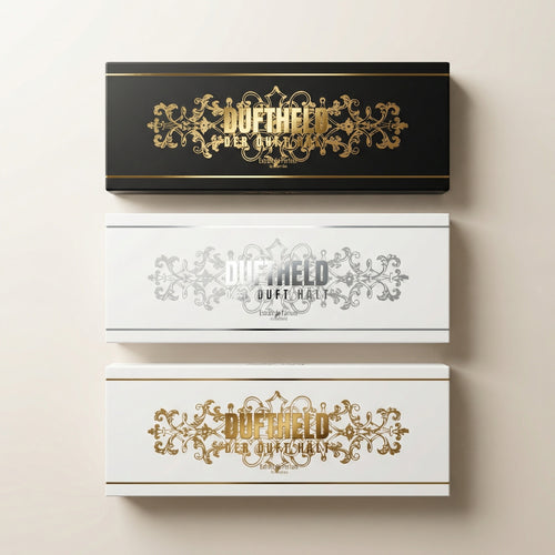 Luxuriöse Duftheld Parfum-Geschenkboxen in Schwarz, Weiß und Gold mit edlem Logo-Design auf hellem Hintergrund