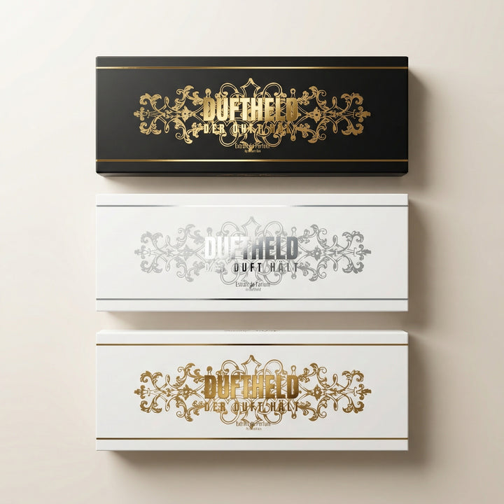 Luxuriöse Duftheld Parfum-Geschenkboxen in Schwarz, Weiß und Gold mit edlem Logo-Design auf hellem Hintergrund